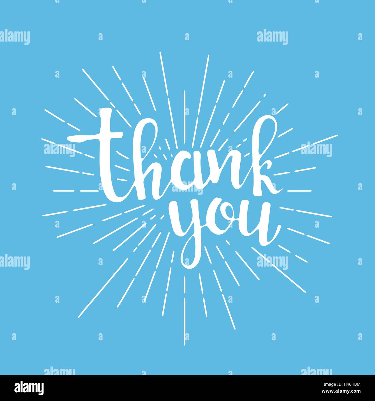 Thank you handwritten lettering. Modern vector hand drawn calligraphy with sunburst over light blue background for your design Stock Vector