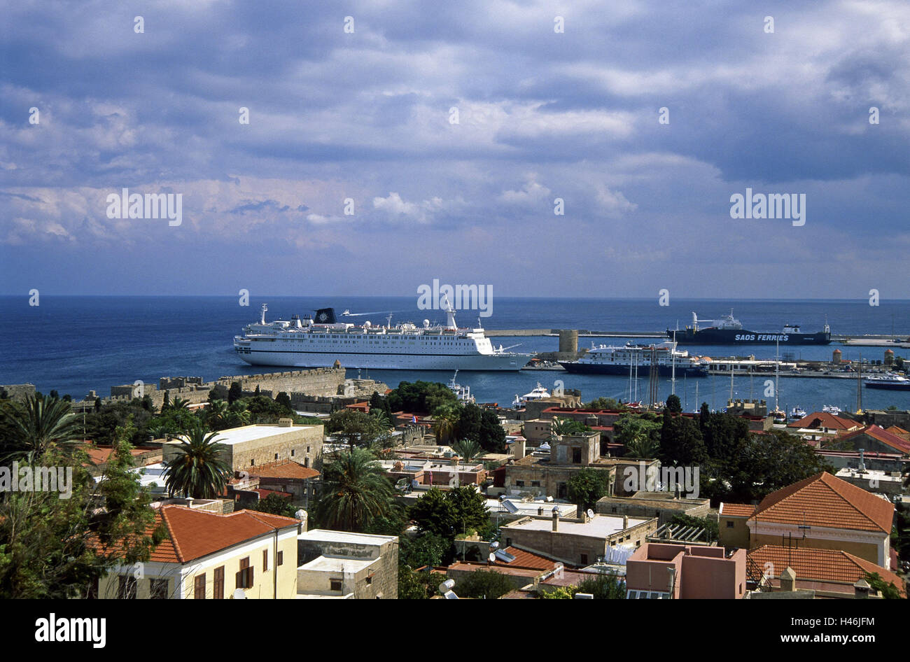 Greece, Dodekanes, island Rhodes, Rhodes town, town view, harbour, ships, town, island capital, destination, architecture, place of interest, culture, building, tourism, summer, sea, view, cruise ships, cruise, navigation, heaven, cloudies, Stock Photo