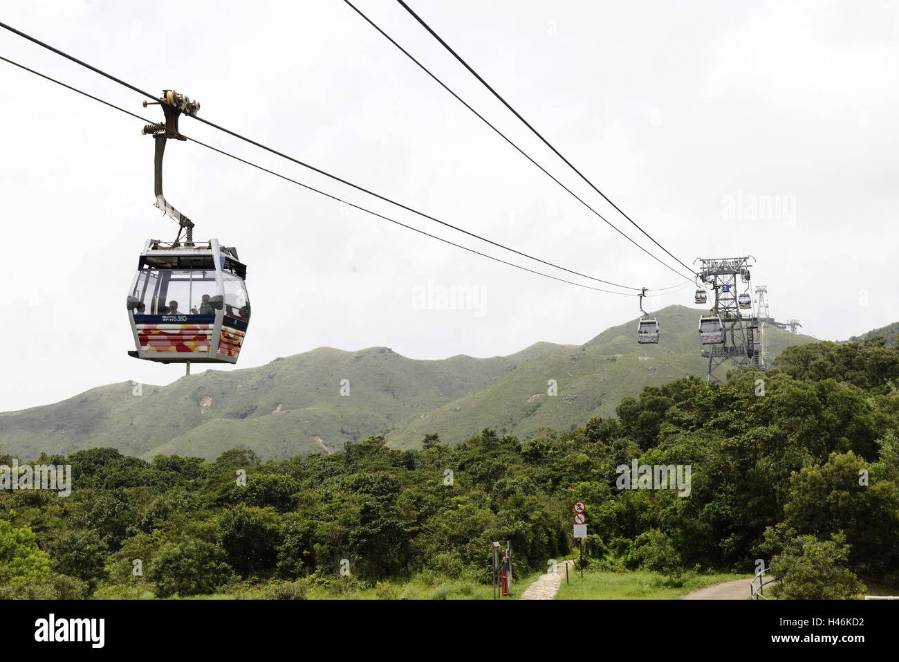 Aerial cable car, hill, trees, heavens, Ngong Ping 360, Hong Kong, China, Stock Photo