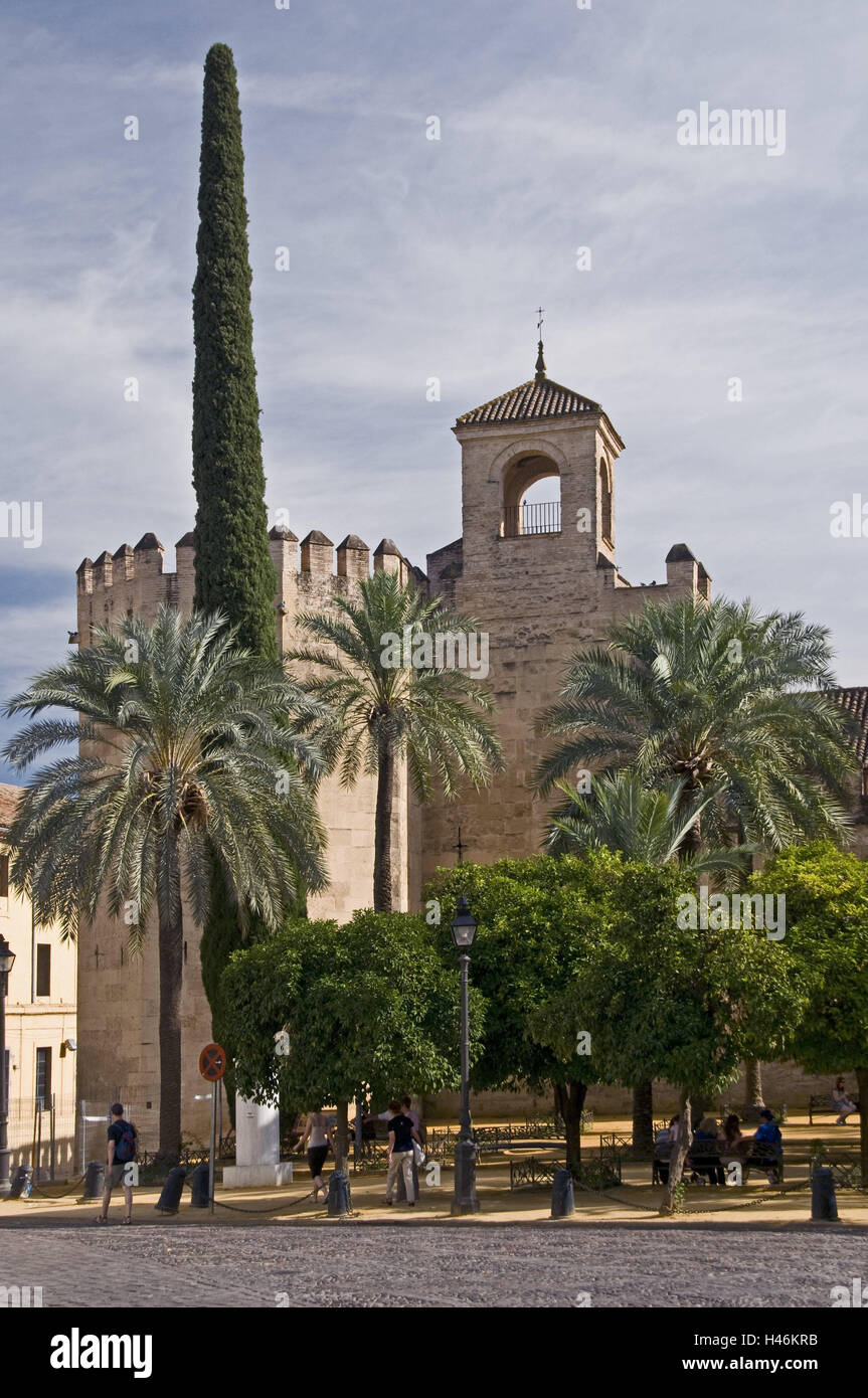 Spain, Cordoba, Alcazar de los Reyes Cristianos, castle tower, town, building, tower, people, tourists, tourism, place of interest, palms, cypress, Stock Photo
