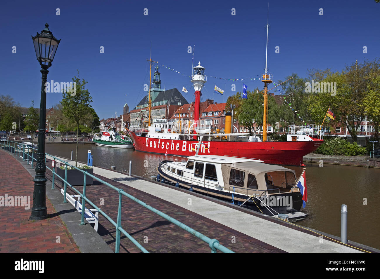 East Frisia, Emden, Ratsdelft with lightship 'the German Bay', museum ship Amrum bank, Stock Photo