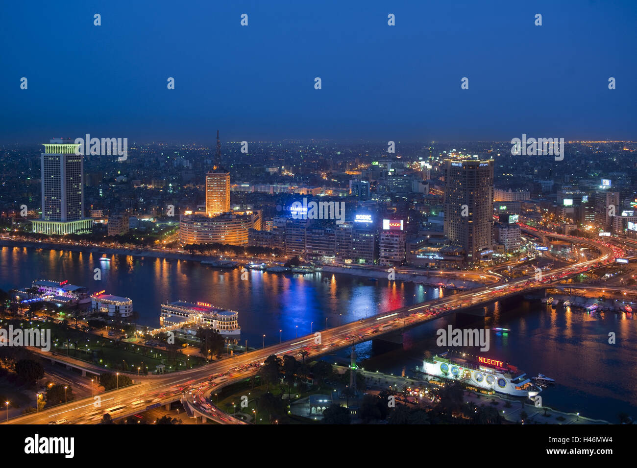 Egypt, Cairo, 6th October bridge, view from the Cairo Tower on building the state television, Stock Photo