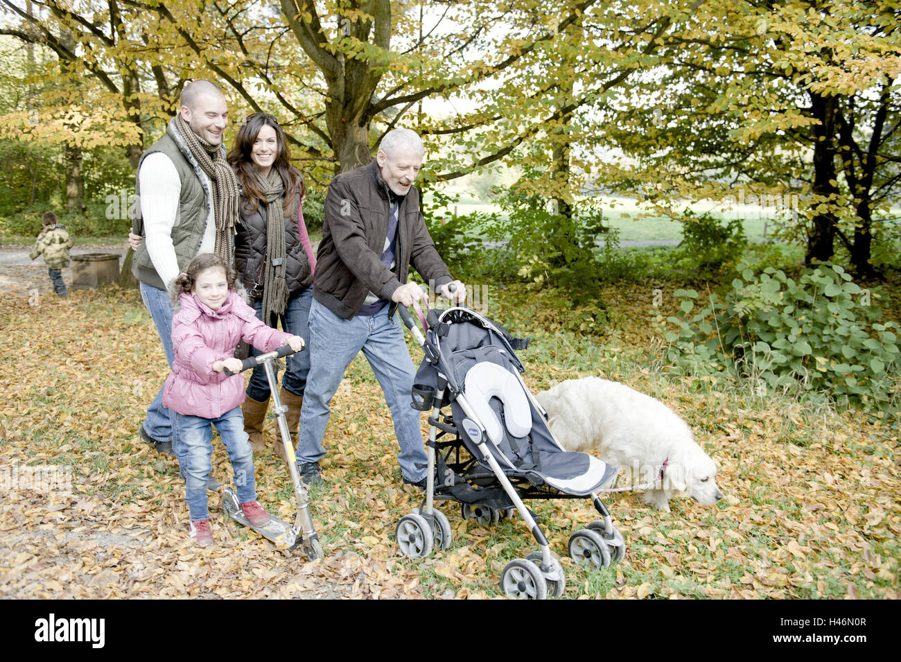 Great family with the autumn walk, Stock Photo
