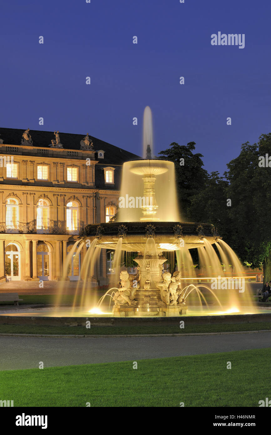 Germany, Baden-Wurttemberg, Stuttgart, new castle, fountain, lighting, dusk, architecture, well, culture, castle square, play water, place of interest, tourism, structure, Pureline, castle building, building, forecourt, destination, nobody, lock, evening, Stock Photo