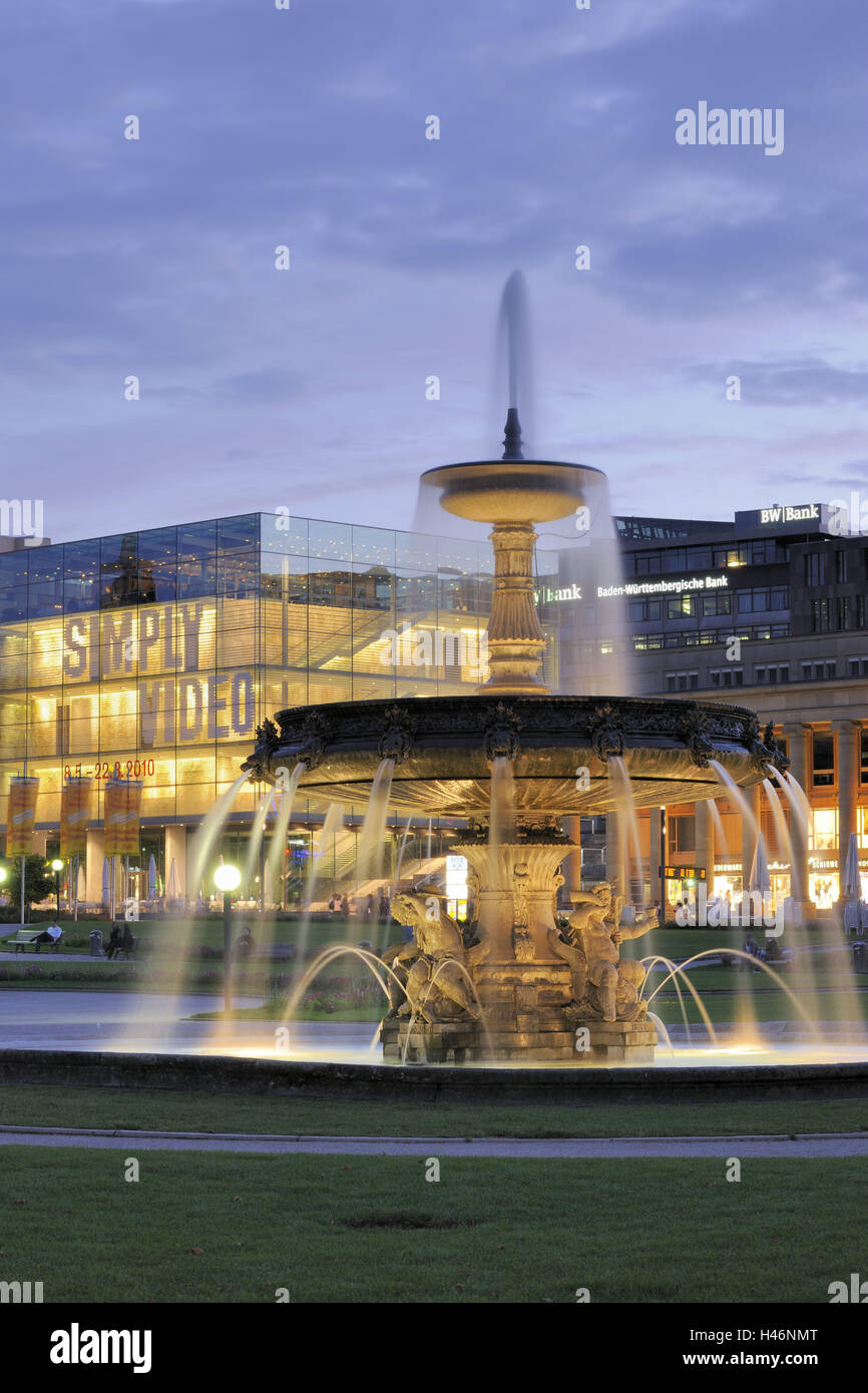Germany, Baden-Wurttemberg, Stuttgart, castle square, fountain, museum, evening, lighting, architecture, well, culture, play water, outside, place of interest, tourism, structure, Pureline, destination, illuminateds, water jets, art museum, Stock Photo