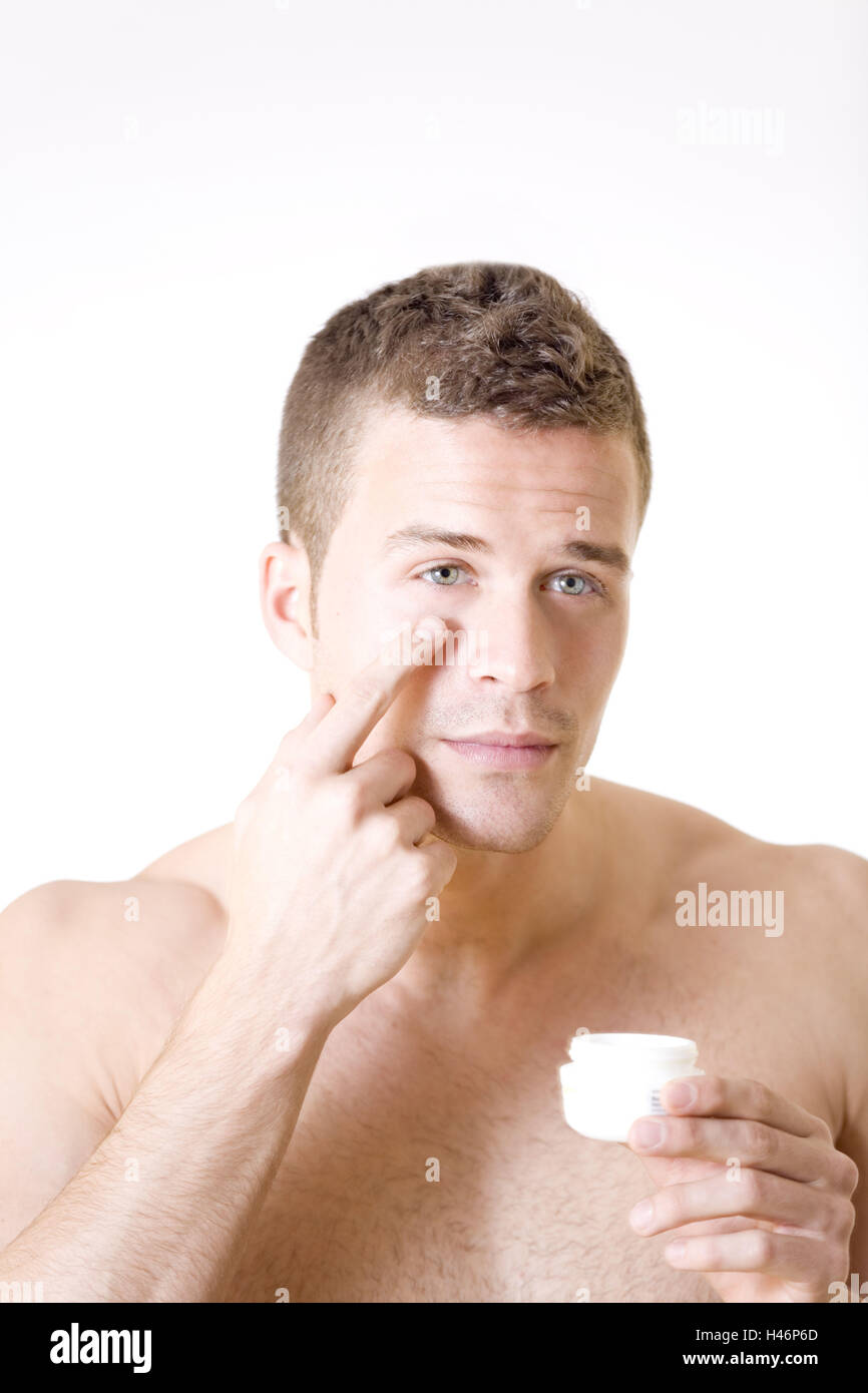 Man, facial care, ocular cream, portrait, Stock Photo