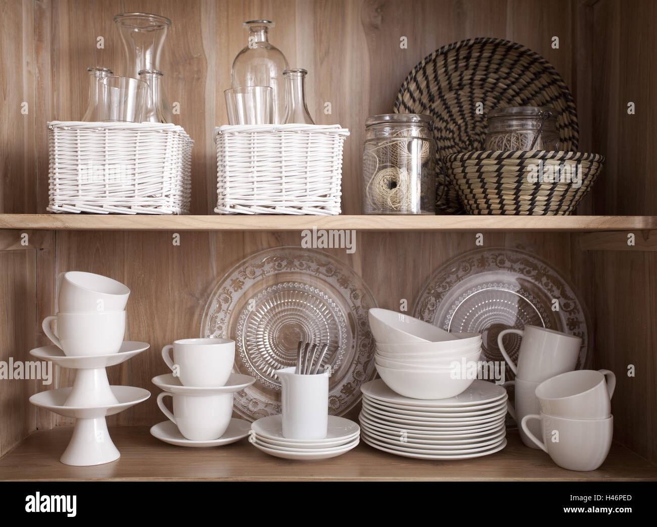 Glasses, dishes, cupboard, baskets, Stock Photo