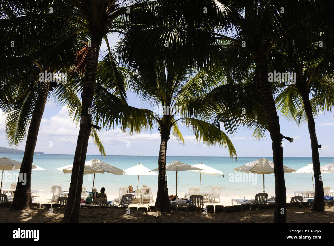 The Philippines, Boracay, palms, deck chairs, sea, water, heaven, sunshades, vacation, travelling, holidays, vacationers, people, distance, paradise, leisure time, view, Stock Photo