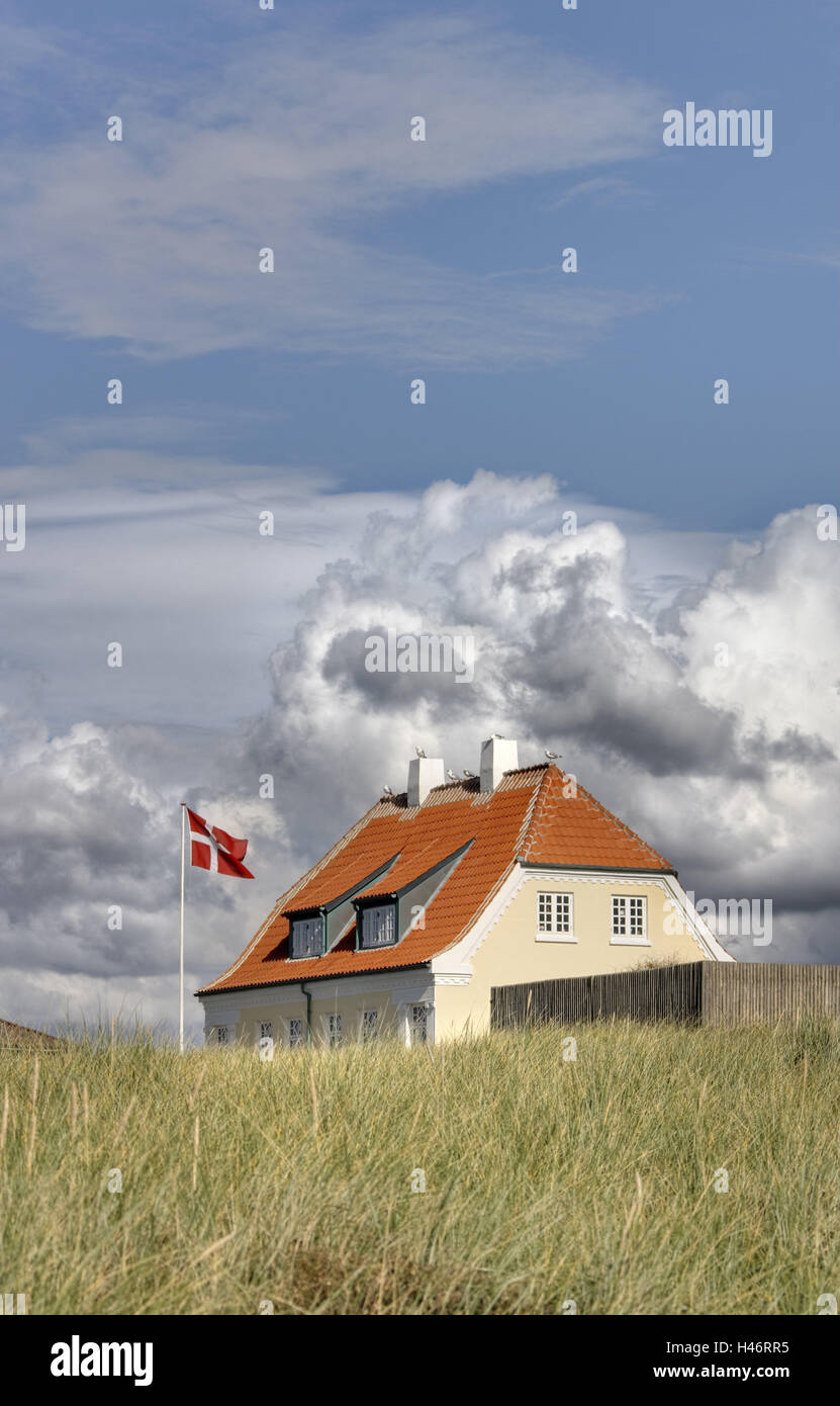 Denmark, Jutland, Lökken, house, flag, cloud, Stock Photo