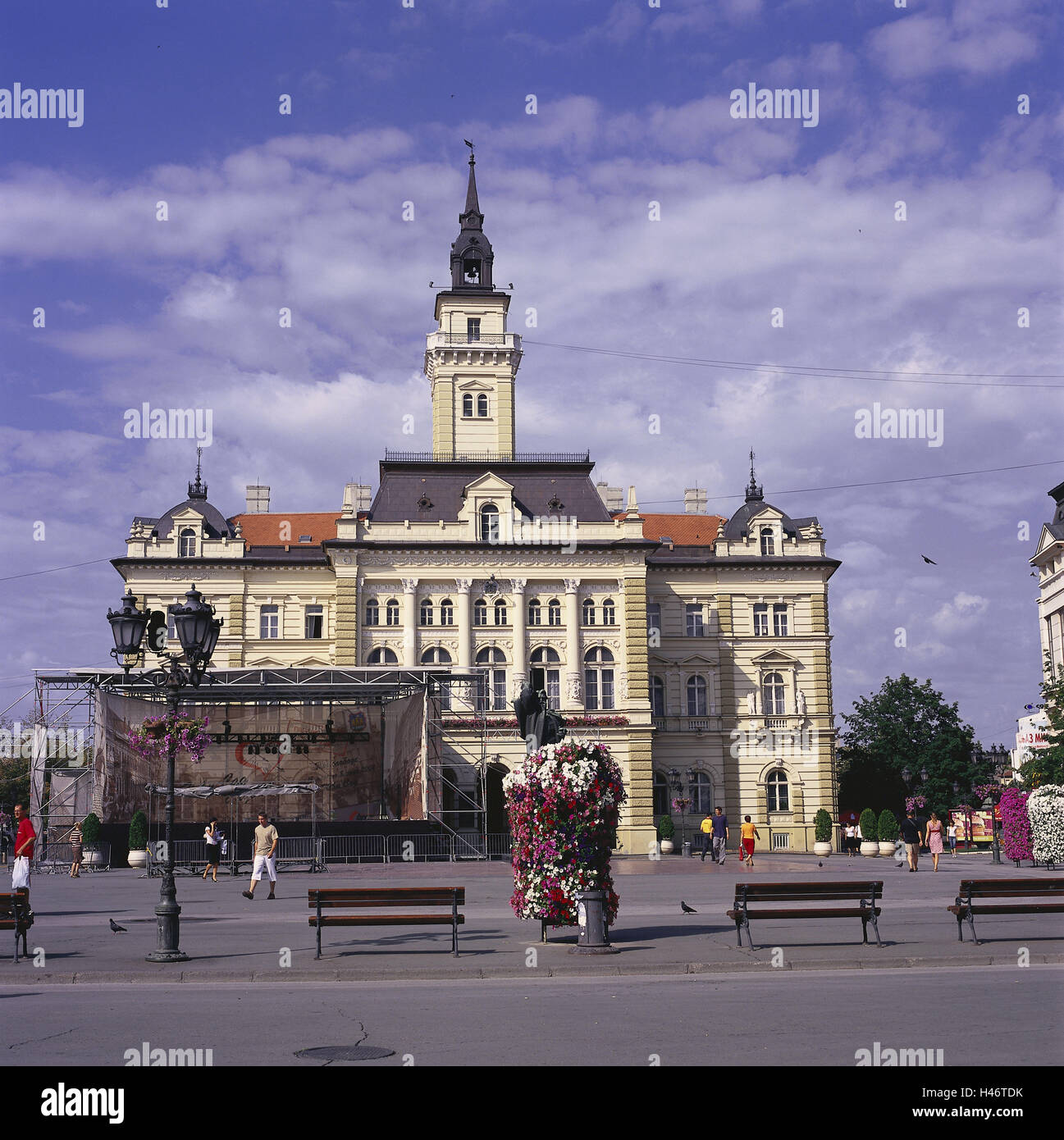 Serbia, Vojvodina, Novi Sad, city centre, space Slobode, old city hall, Europe, Southeast, Europe, Balkan Peninsula, destination, tourism, town, building, structure, architecture, person, pedestrian, passer-by, tower, city hall tower, outside, Stock Photo