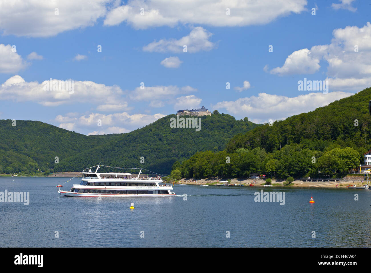 Germany, Hessen, Waldecker country, Ederstausee, Edersee, castle forest corner, holiday ship, beach shore, Stock Photo