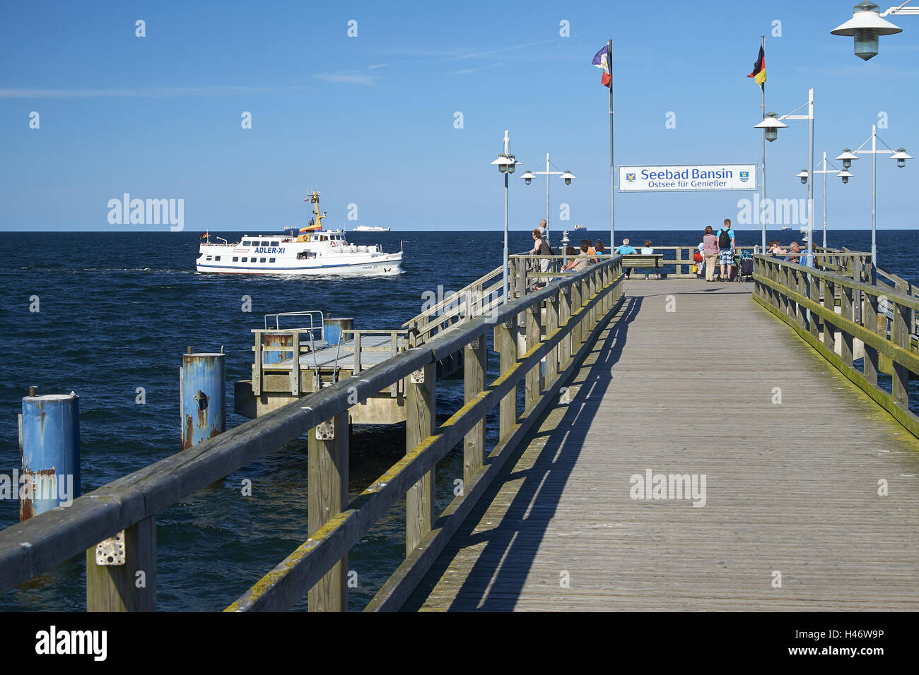 Pier and ship Adler, Baltic Sea resort of Bansin, Usedom, Mecklenburg