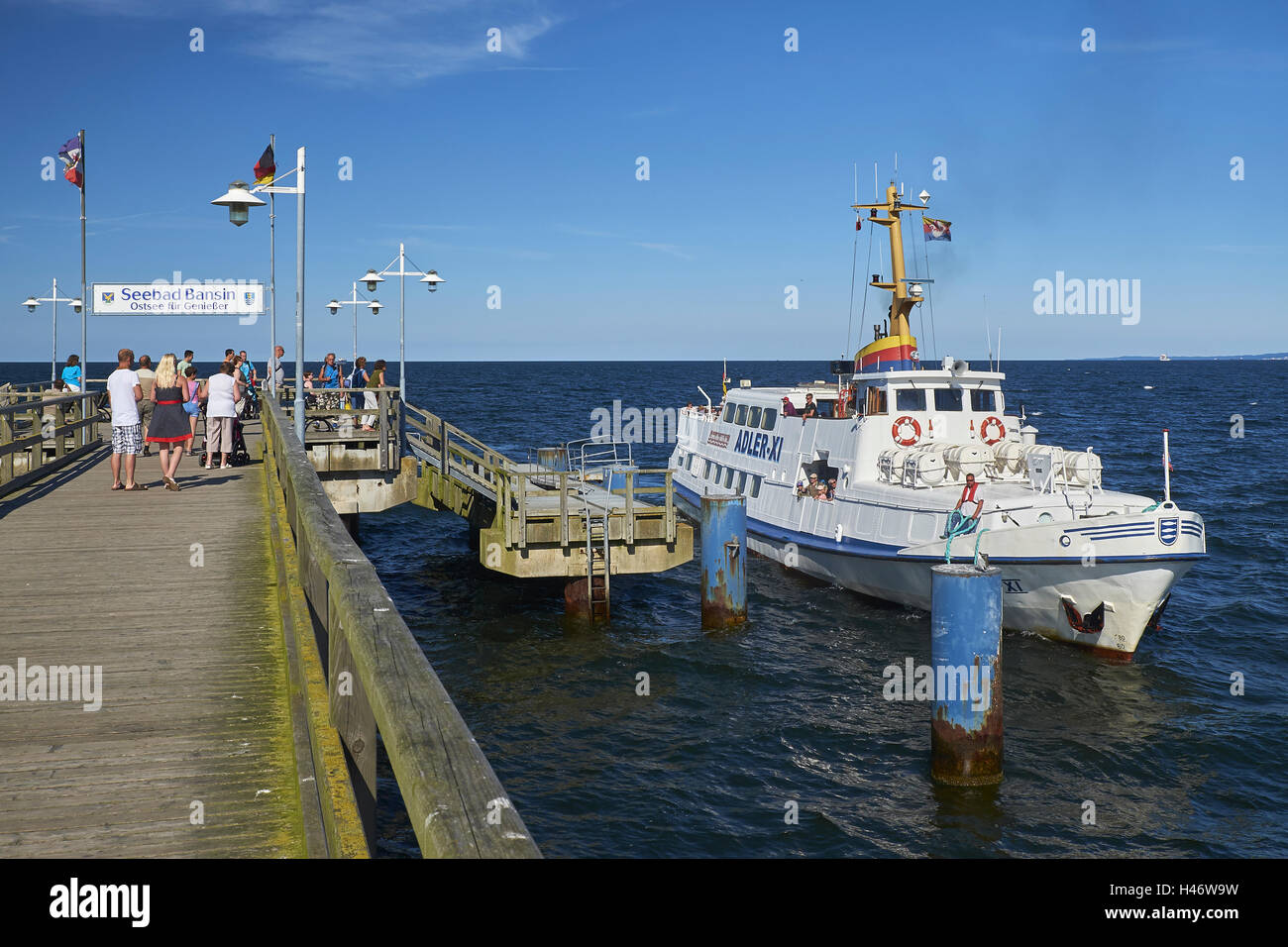 Pier and ship Adler, Baltic Sea resort of Bansin, Usedom, Mecklenburg
