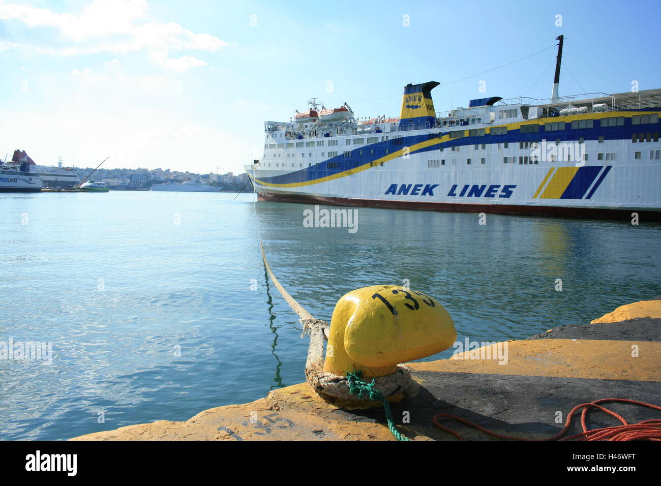 An Anek Lines ferry docked at the Piraeus Port in Athens, Greece Stock