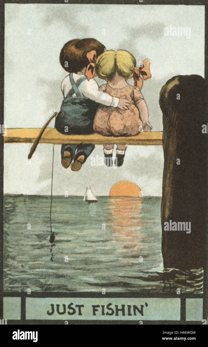 Nostalgia, illustration, children, boy, girl, fishing, 'First Love', back view, postcard, nostalgic, Stock Photo