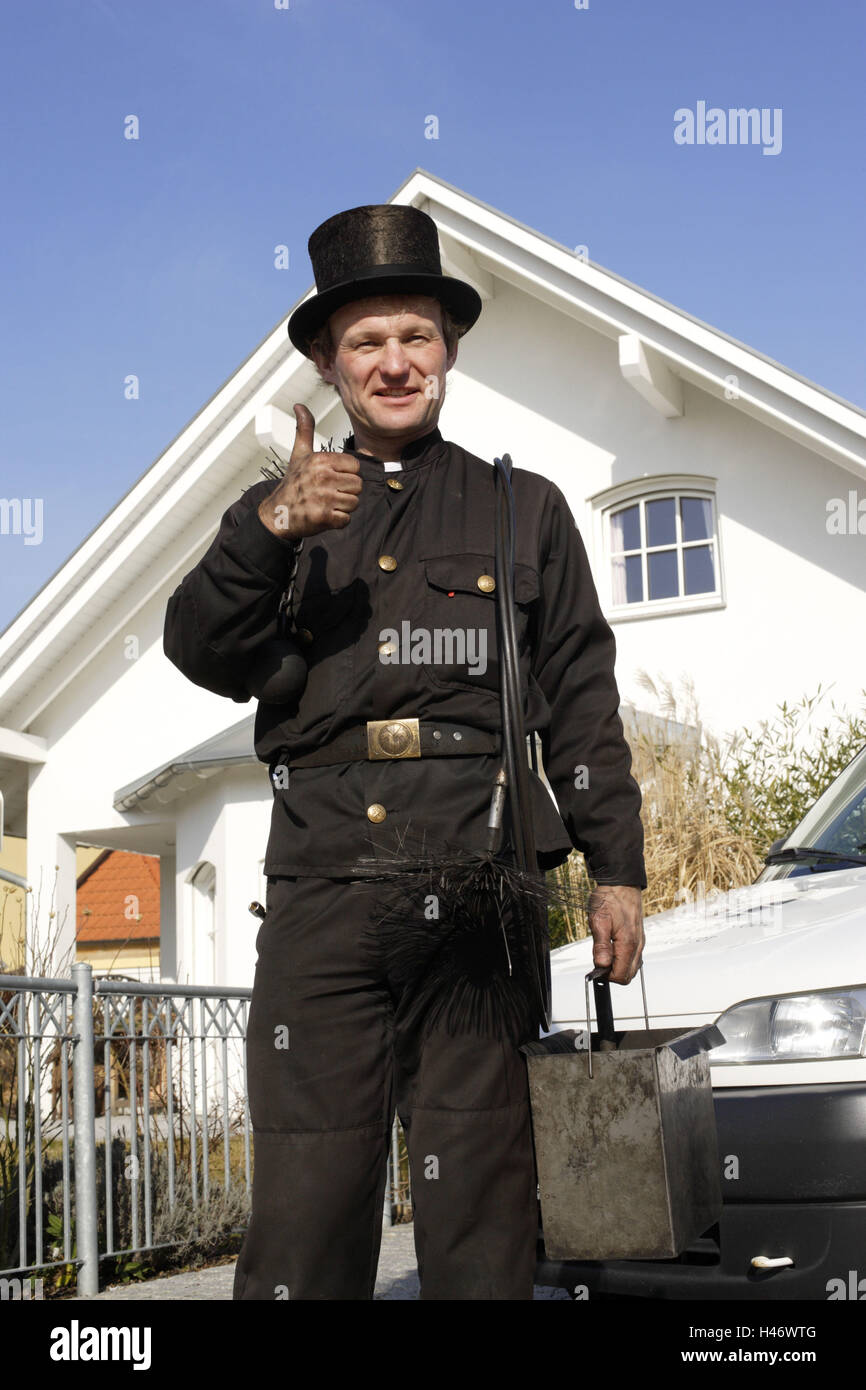 Chimney sweep, equipment, bucket, gesture, pollex high, Stock Photo