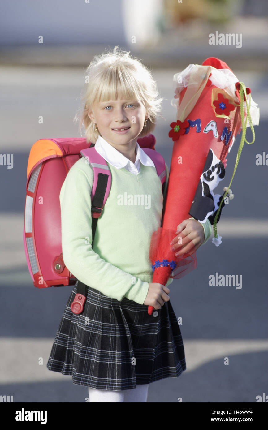 Girls, school bag, schoolbag, first grader, proudly, outside, Stock Photo