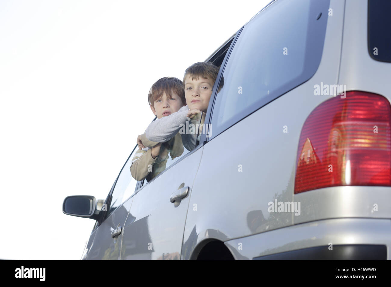 Children, boys, two, view car window, Stock Photo