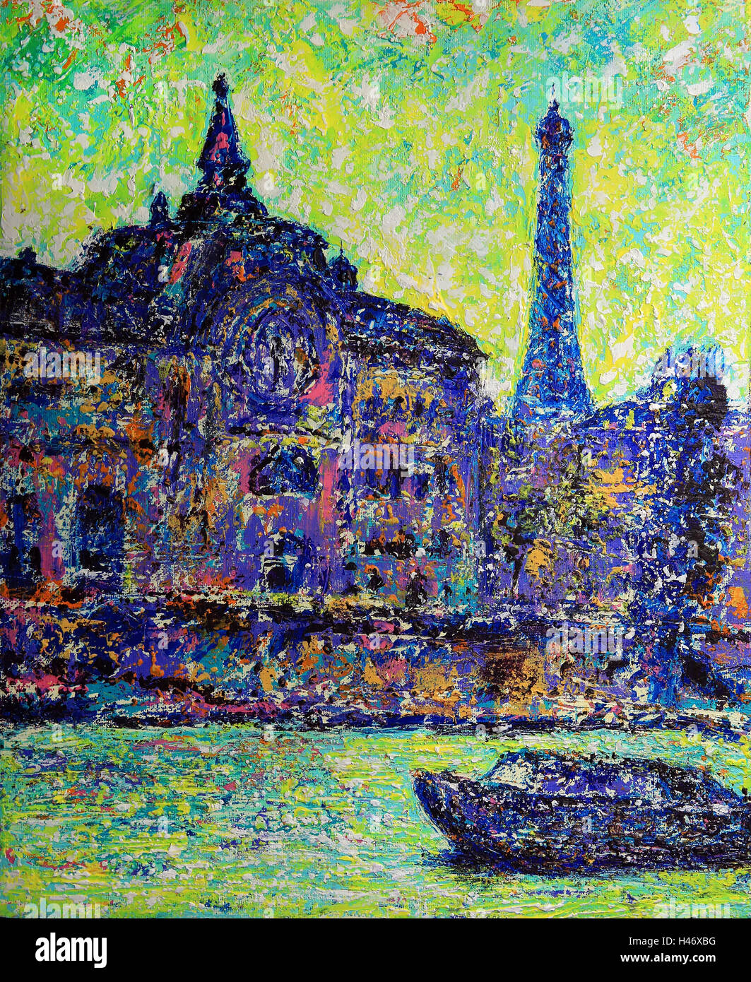 Orsay Museum and Eiffel tower on the original art painting Stock Photo