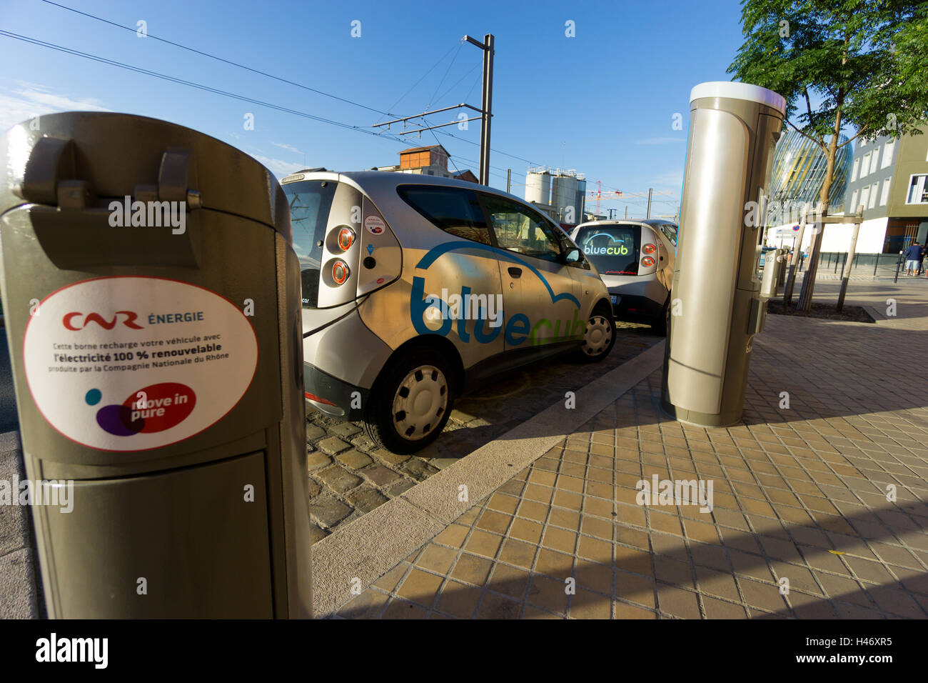 Bolloré Bluecar electric cars on charge in Bordeaux, France. Electric cars are seen as an answer to city centre pollution Stock Photo