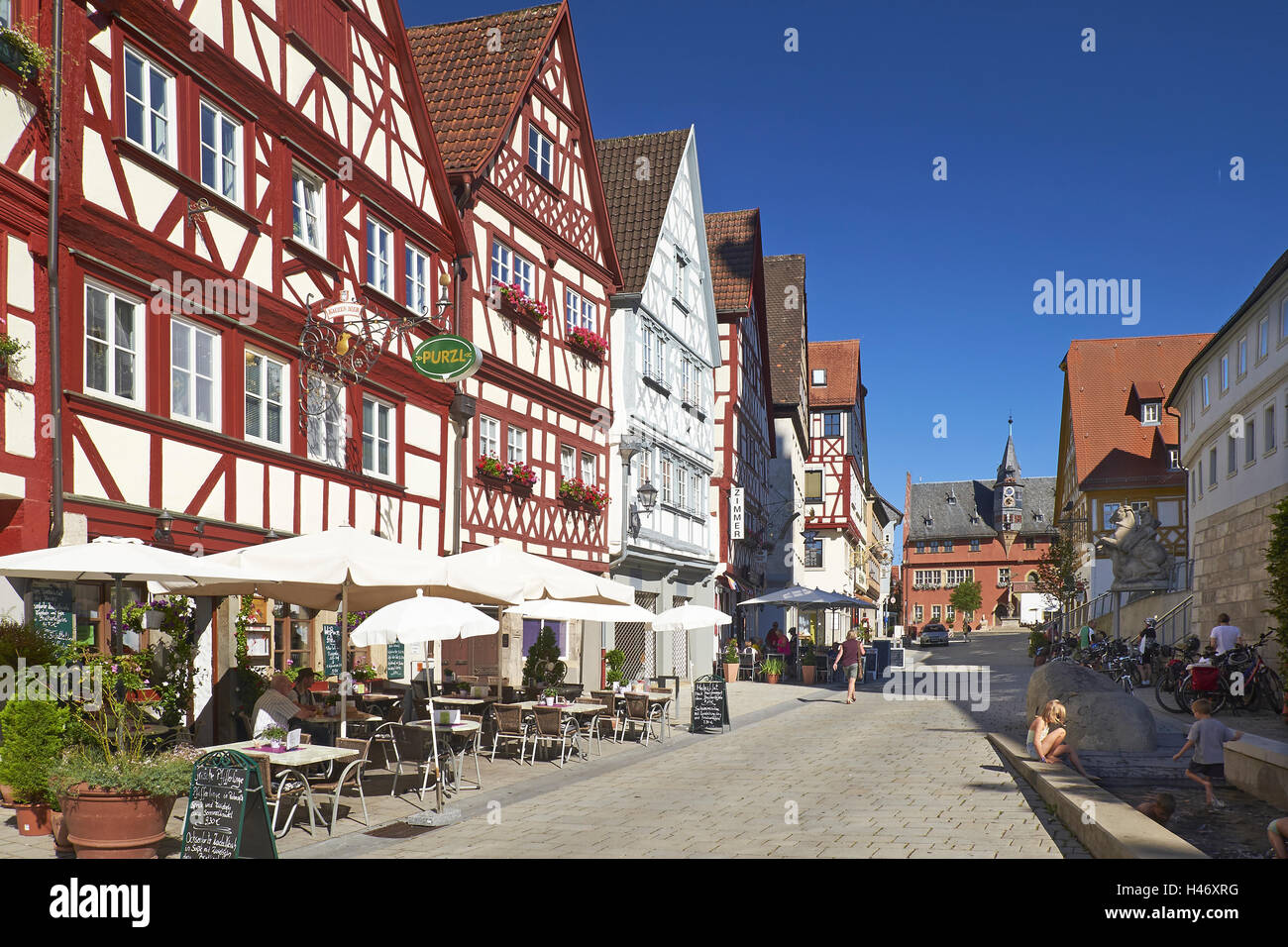 Half-timbered houses with town hall in Ochsenfurt, Lower Franconia, Bavaria, Germany Stock Photo