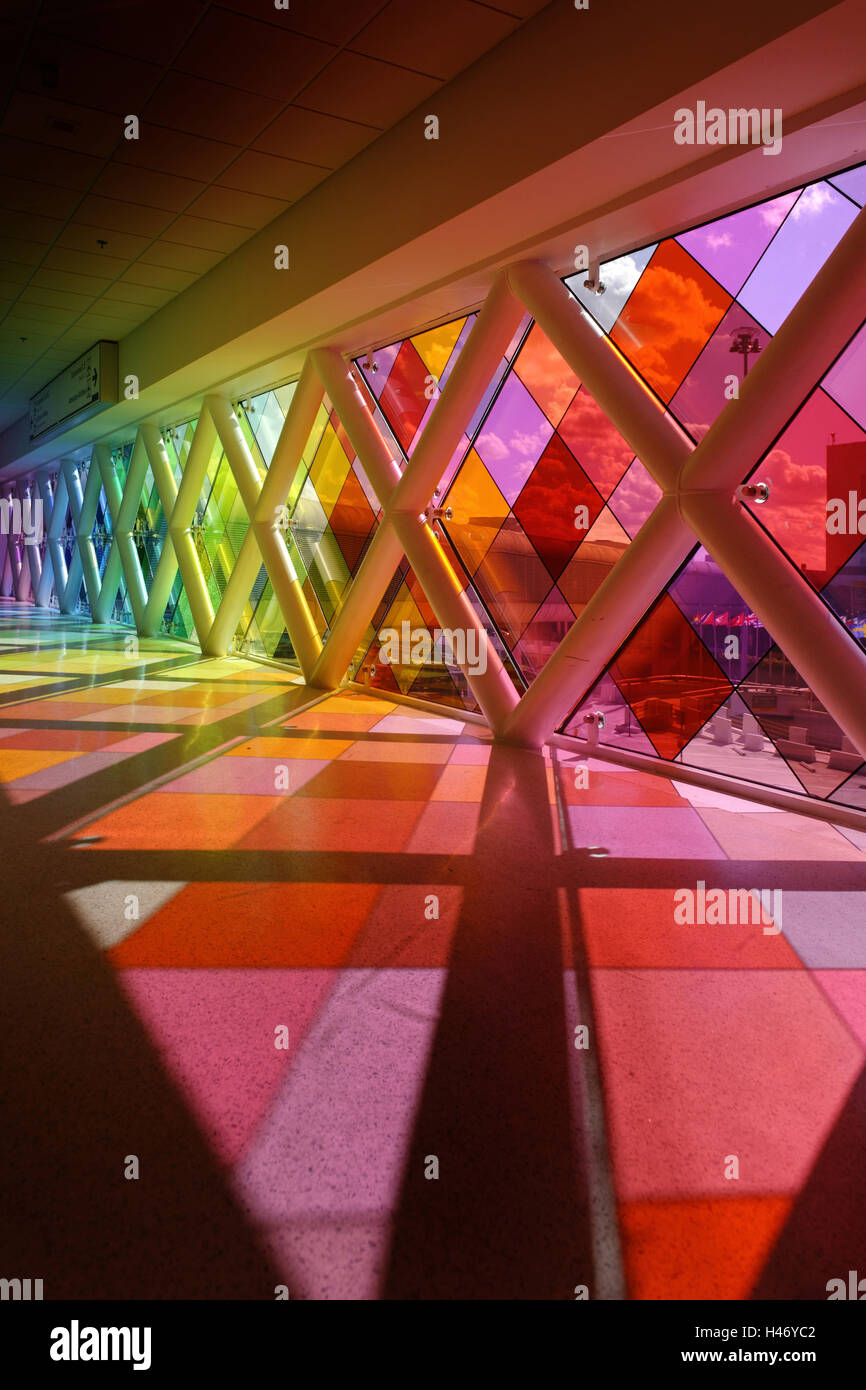 Colourful windows in the transit area of Miami airport, Miami, Florida, USA, Stock Photo