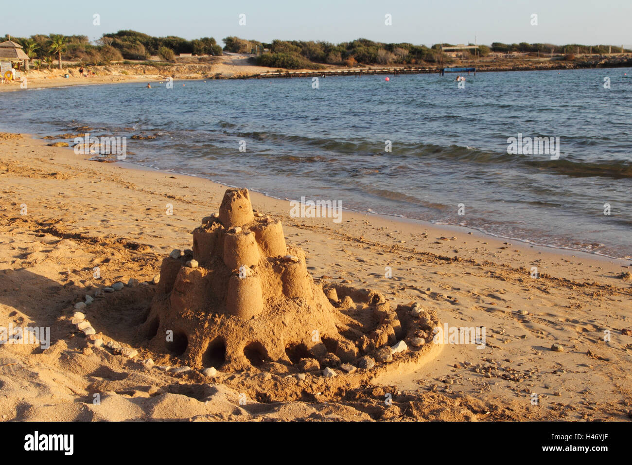 Sand castle by the sea, south coast Cyprus, Stock Photo