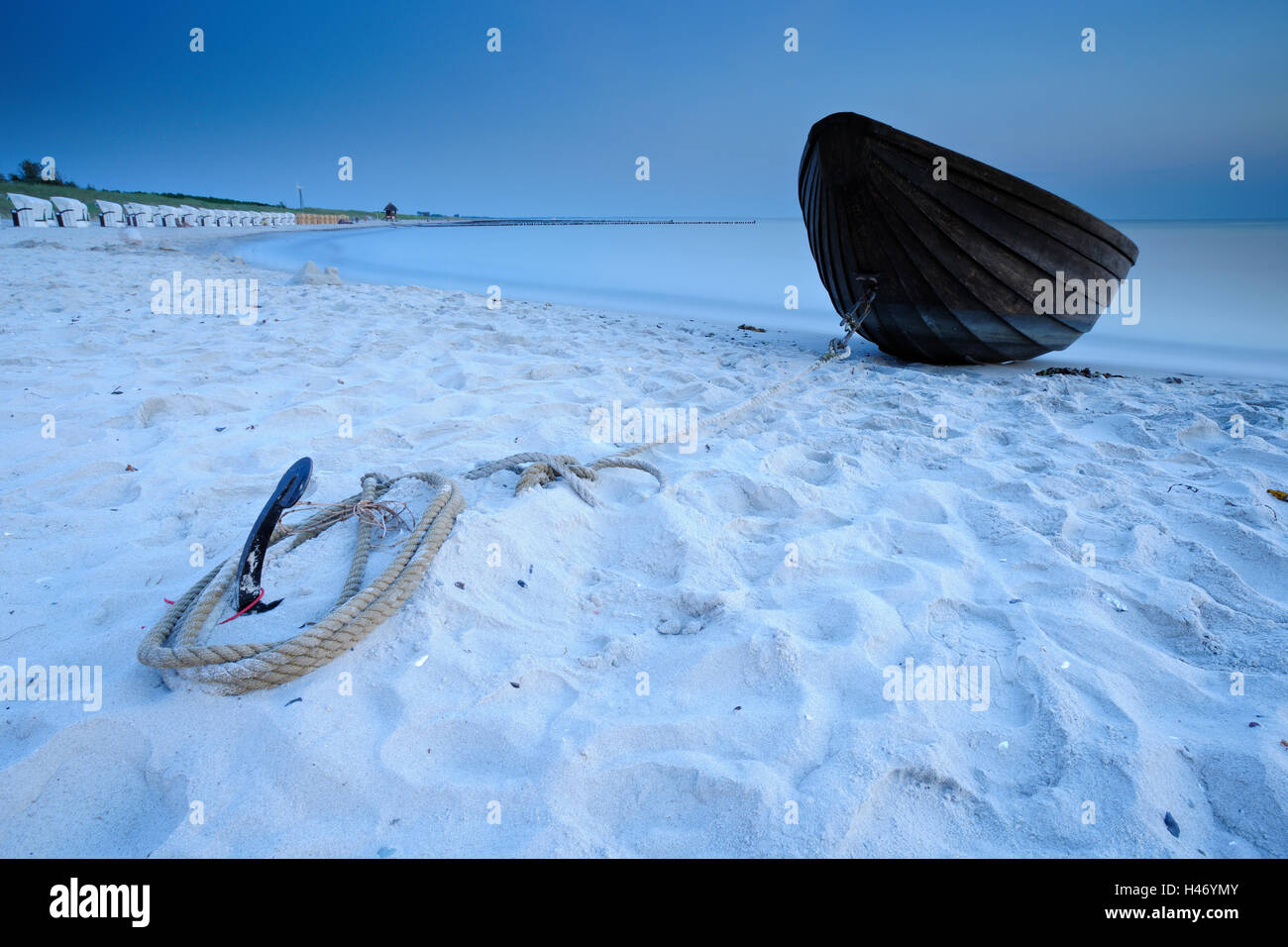 Little wooden boat anchoring on beach, Darß, Baltic Sea, Germany Stock