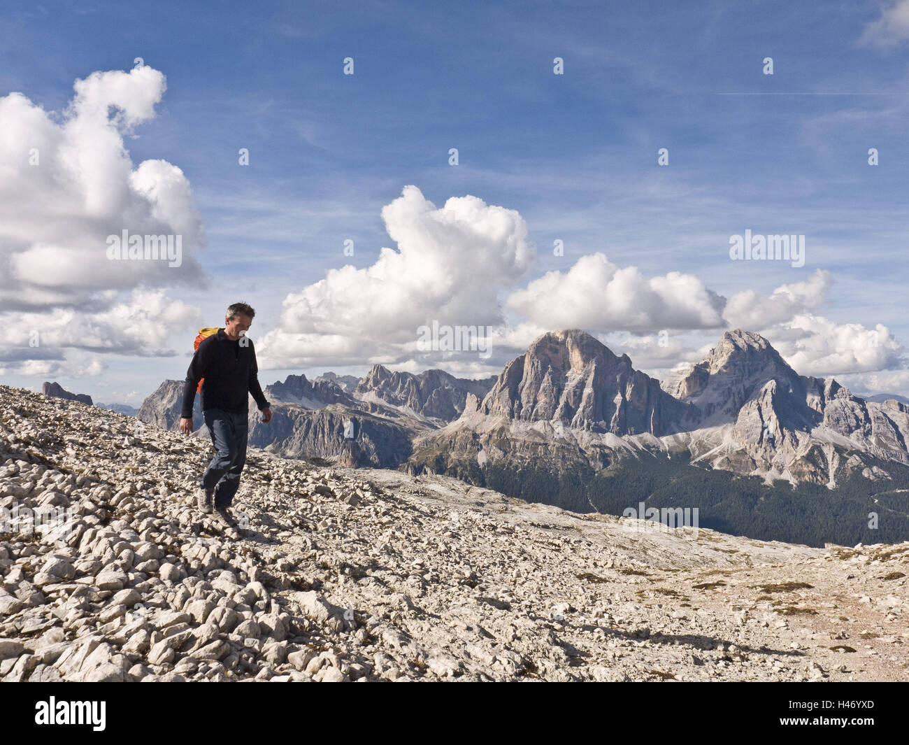 Italy, the Dolomites, Giau Pass, Tofane group, hiker, Stock Photo