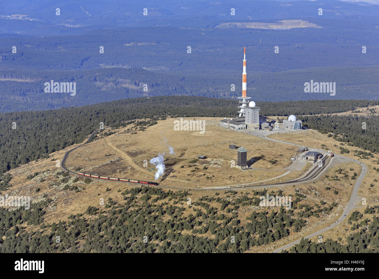 Germany, Saxony-Anhalt, lump, wood, towers, Harzer small-time trajectory, aerial picture, low mountain range, resin, summit, mast, trees, small-time trajectory, mountains, sending tower, train, steam engine, locomotive, Stock Photo