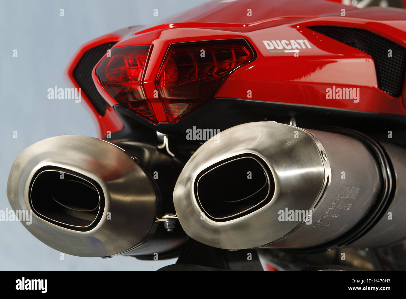 Motorcycle, Ducati in 1198 SP, red, detail, rear, exhaust pipes, studio production, Stock Photo