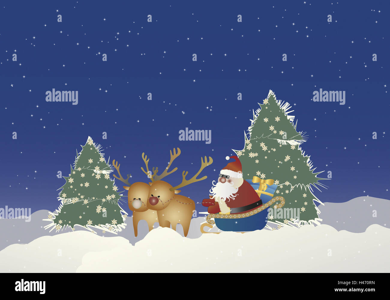 Illustration, Santa Claus, reindeer sleigh, Christmas presents, night, graphics, Christmas, for Christmas, wintry, wood, winter scenery, winter wood, trees, scenery, Christmas trees, snow, Santa Claus, go, slides, reindeers, packages, presents, distribute Stock Photo