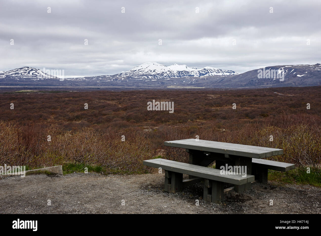 picnic bench in fissures in the continental plates at thingvellir national park Iceland Stock Photo