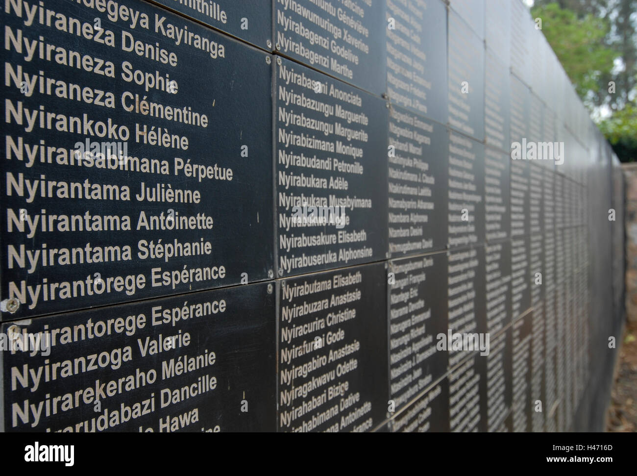 RWANDA Kigali Genocide Memorial located in Gisozil, during the genocide in april 1994 nearly one Million Tutsi were killed by Hutu murder, black stone plates with white names of the victims Stock Photo