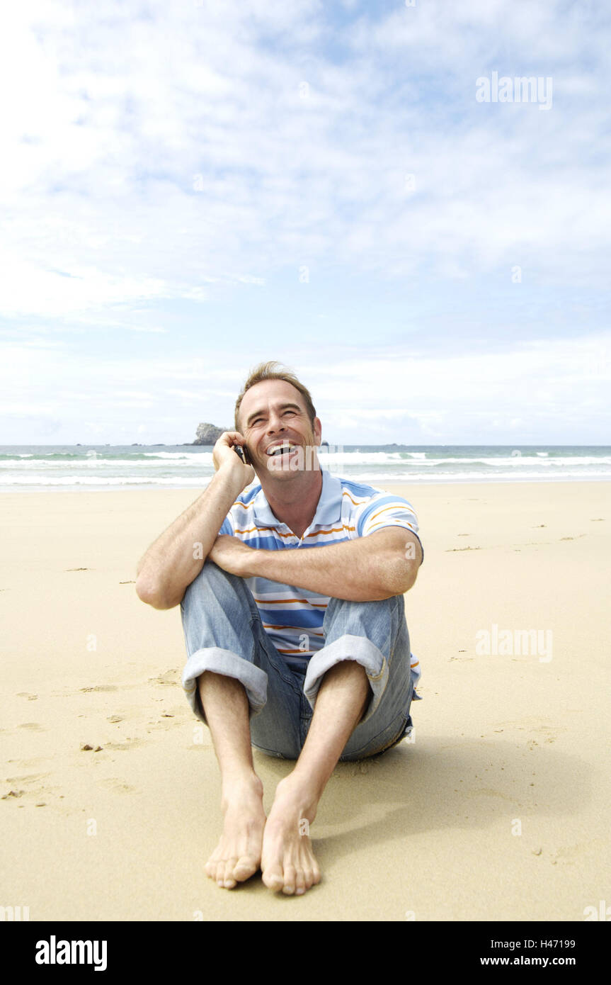 Beach, man, laugh, sit, mobile phone, call up, people, sandy beach, sea ...