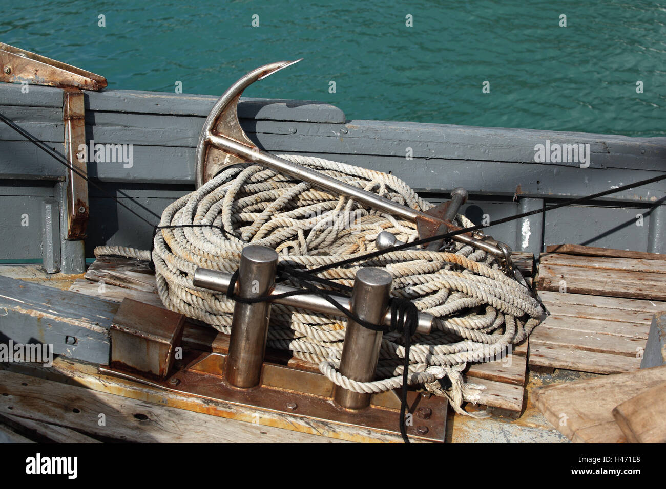 Sea, water, fishing boat, rope, anchor Stock Photo - Alamy