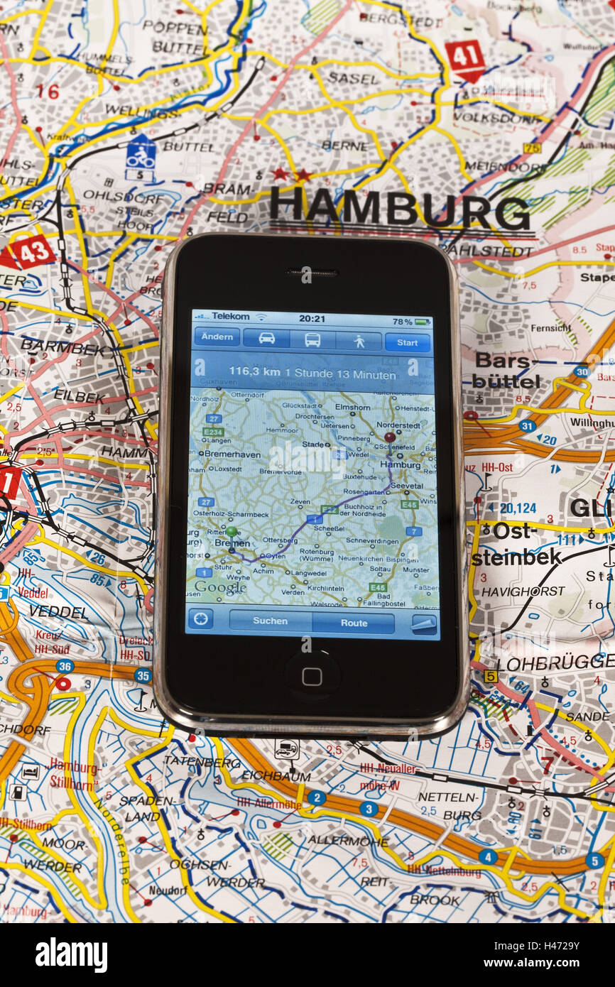 Navigation system, iPhone, road map Stock Photo Alamy