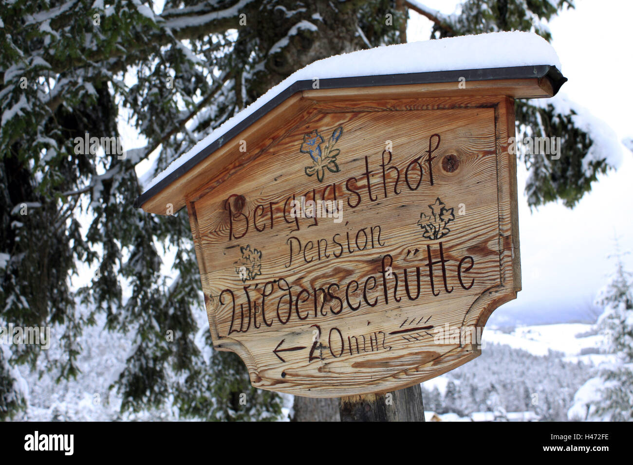 wooden sign, mountain inn, wild lake hut, advertisement, tip, information, Germany, Bavaria