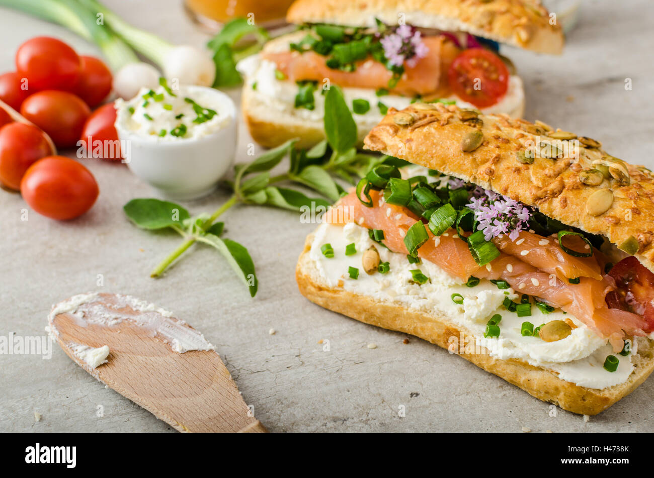 Healthy Fish snack - wholemeal baguette with cream cheese, seeds and ... Healthy Fish snack - wholemeal baguette with cream cheese, seeds and ...