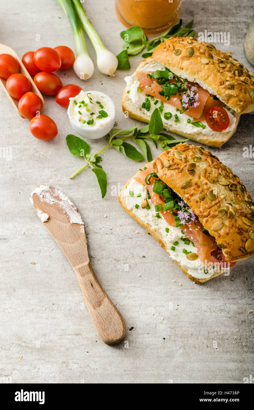 Healthy Fish snack - wholemeal baguette with cream cheese, seeds and ... Healthy Fish snack - wholemeal baguette with cream cheese, seeds and ...