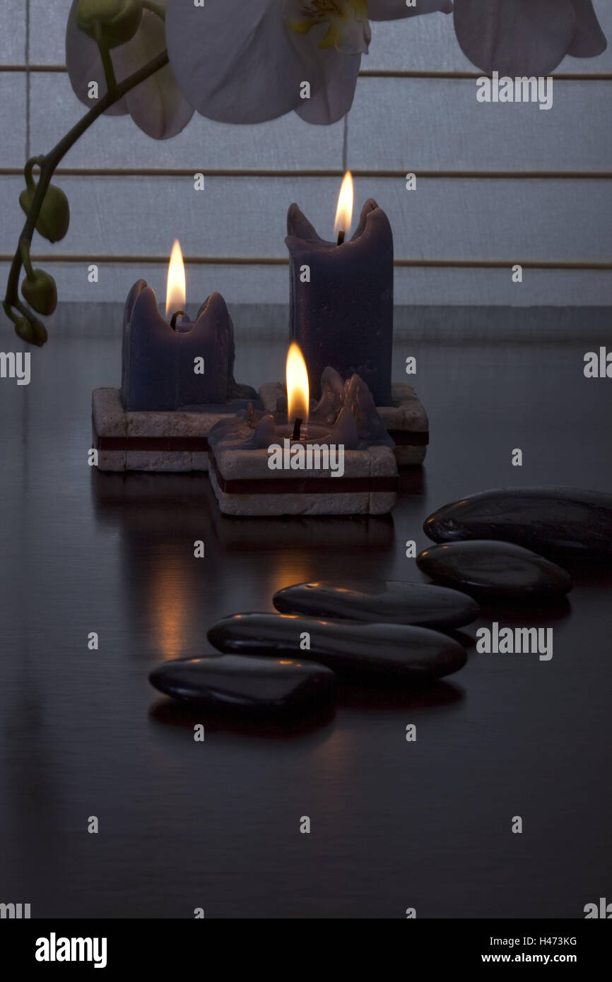 Skyers, burn, stones, cheroot candles, candlesticks, three, side by side, flames, reflexion, light, candle light, recreation, well-being, candle-light, wax candles, Stock Photo