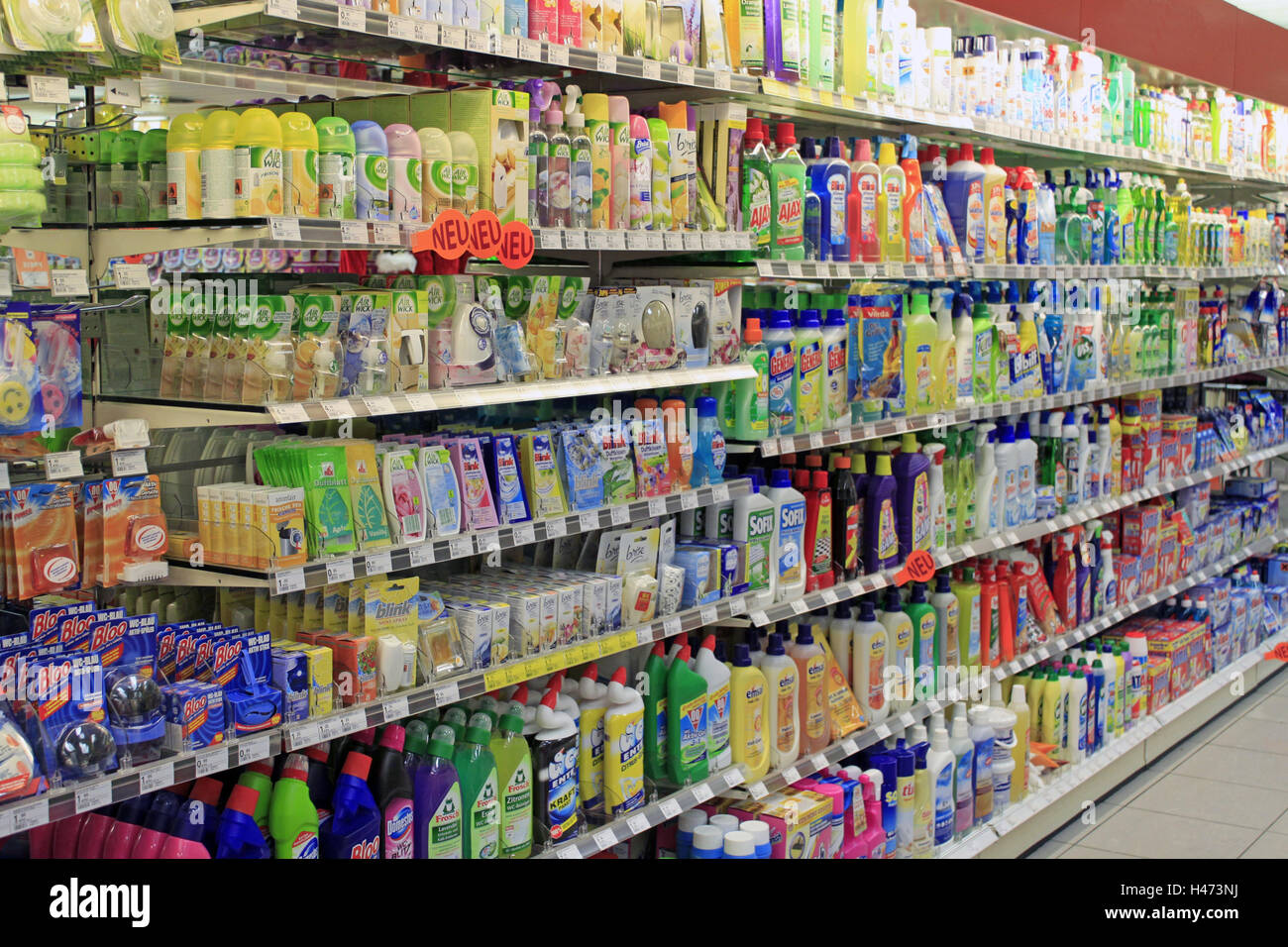 Supermarket shelf, cleaning material, passed away, clean supermarket, shelf, range of goods, Germany, goods, offer, household, cleaning, cleanly, cleanness, hygiene, odour, odoriferous substances, environment, environment protection, different, sorts, env Stock Photo