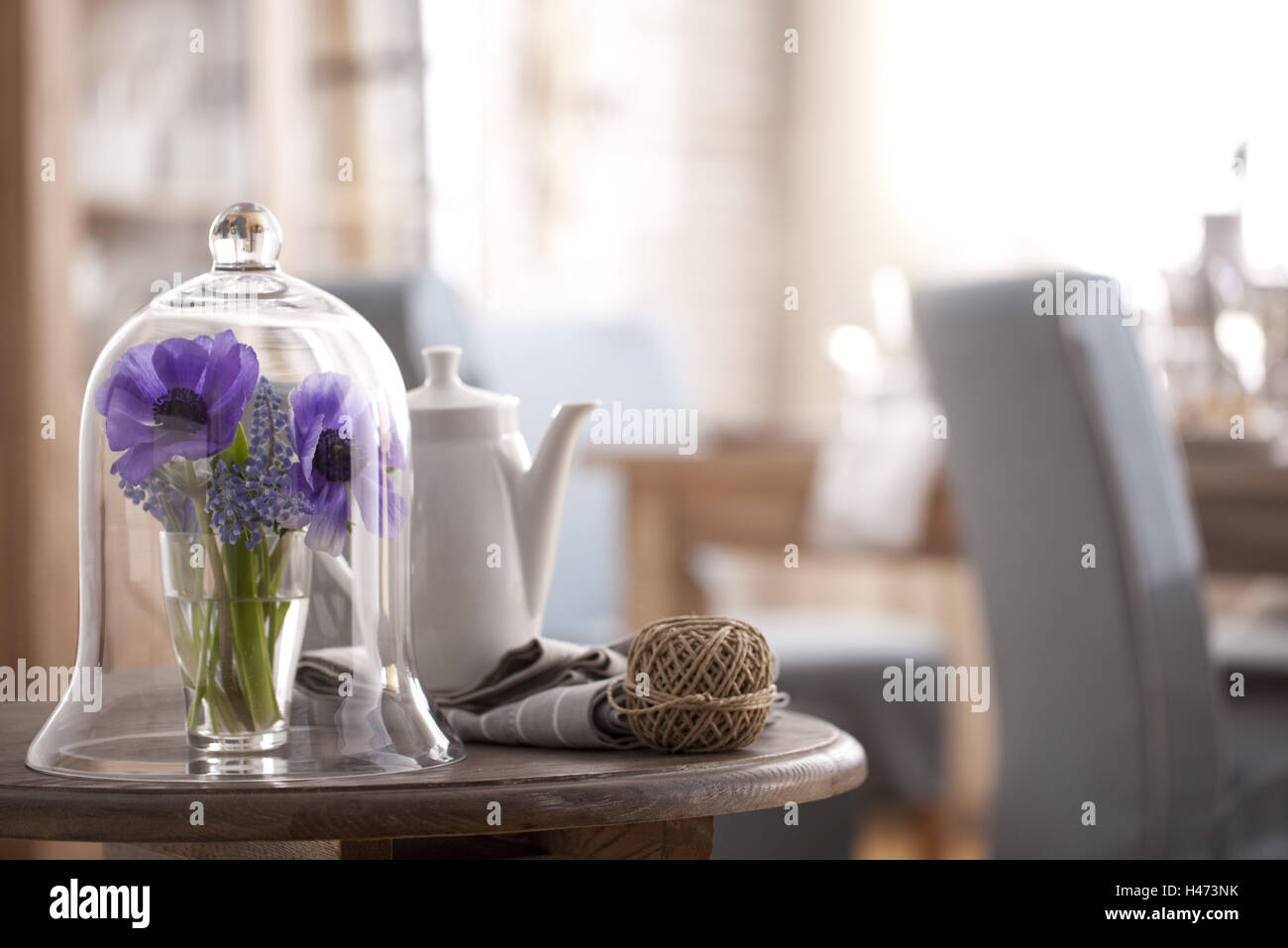 Cloche, flowers, teapot, ball of wool, Stock Photo
