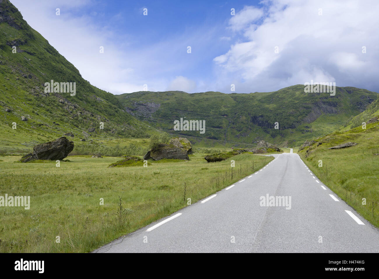 Country road, Myrkdalsvegen, to mountains, Voss, Hordaland, Norway, Scandinavia, Stock Photo