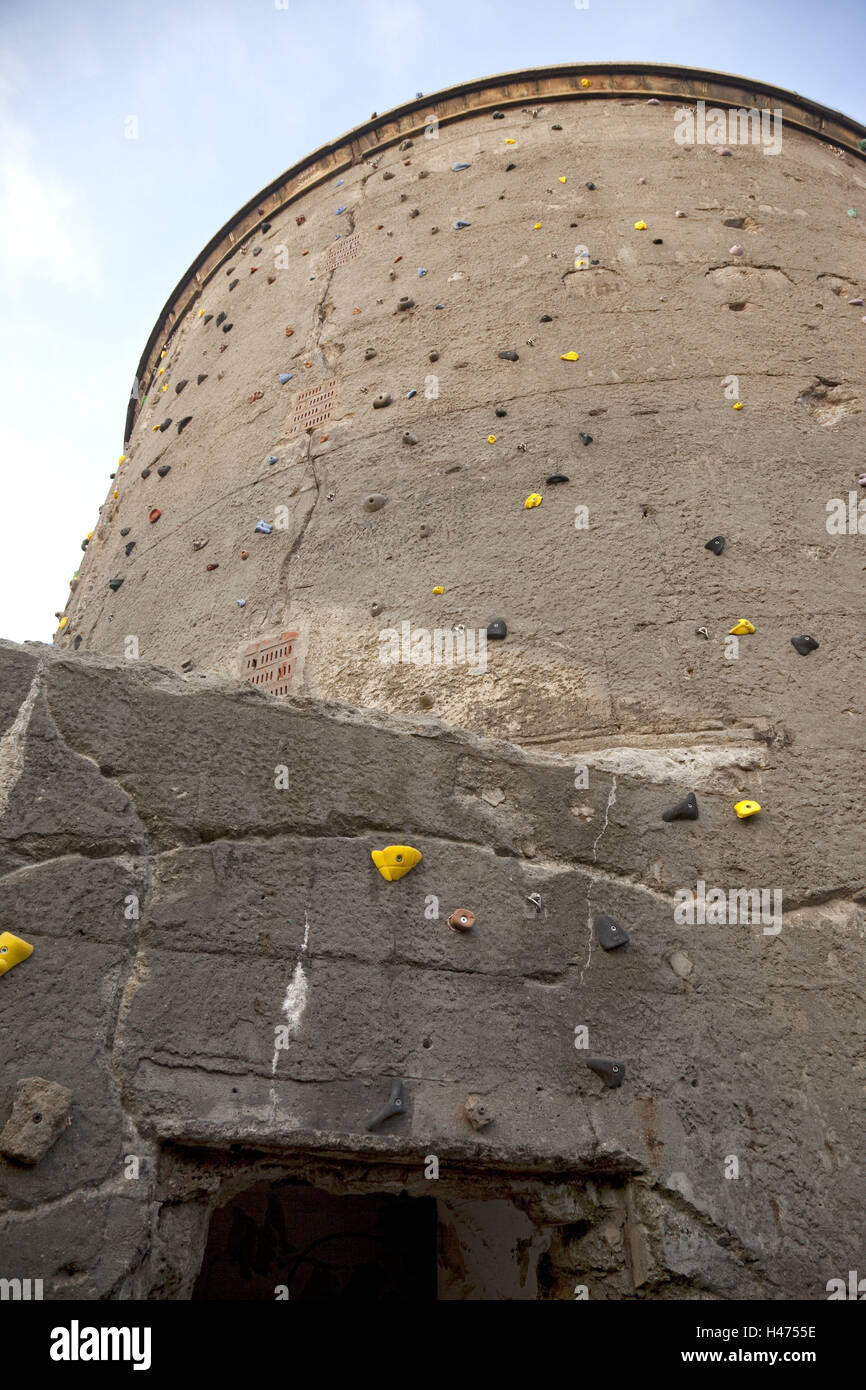 Round tower, grips, climb, take bunker, outside, climbing tower, nobody, concrete, old, Bavarian Broadcasting, Germany, Europe, Berlin, Friedrich's grove, climbing tower, Stock Photo