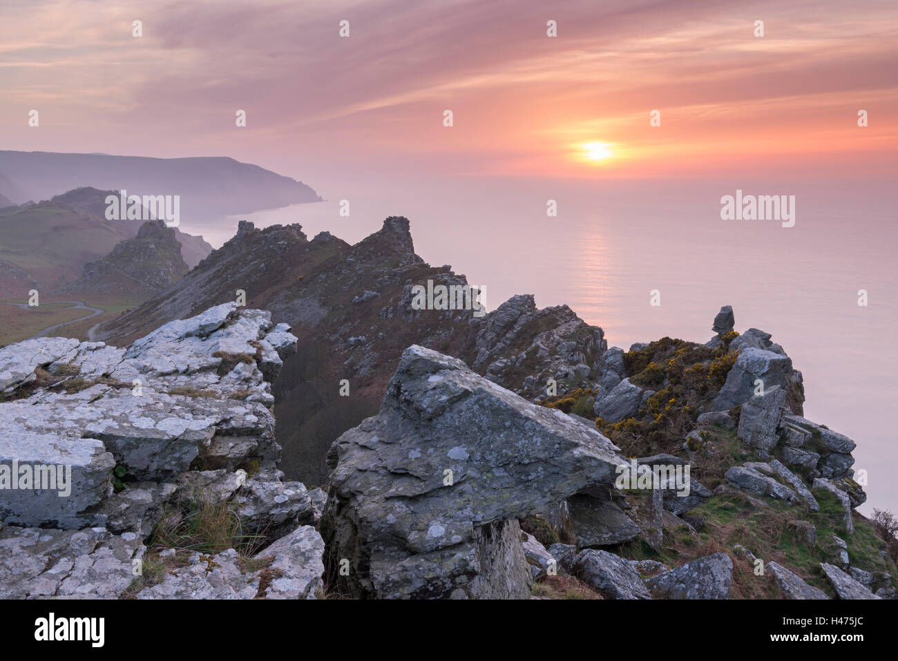 Sunset over the Valley of Rocks in Exmoor National Park, Devon, England. Spring (April) 2015. Stock Photo