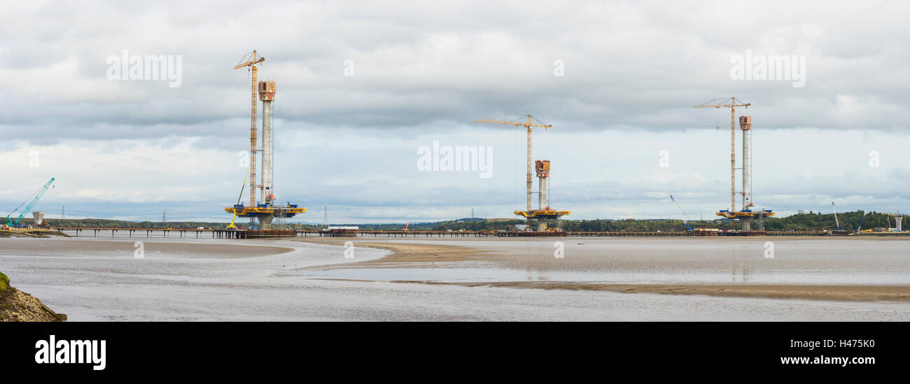 Mersey Gateway Bridge construction across the River Mersey upstream from the Queensway Bridge connecting Runcorn and Widnes, Stock Photo
