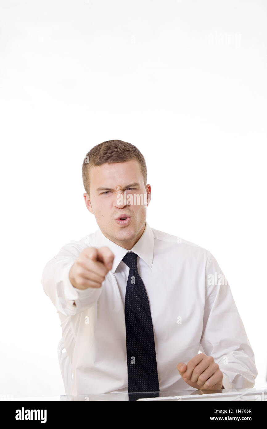 Businessman, desk, furiously, get angry, forefinger, portrait, Stock Photo