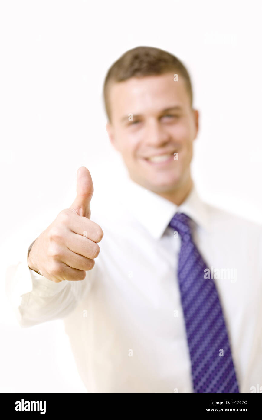 Businessman, smile, gesture, pollex high, portrait, background blur, Stock Photo