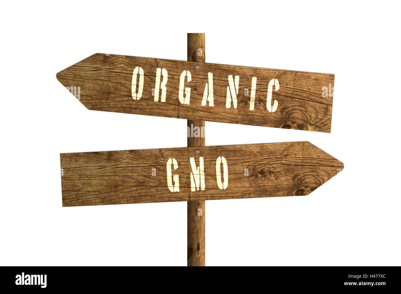 Gmo or Organic Farming Wooden Direction Sign isolated on white background. Stock Photo